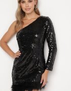 elsa.m by may Rochie Asimetrică Neagră cu Croi Mulat cu Paiete și Pene Senathira