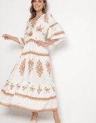 elsa.m by may Rochie Bej Boho cu Vâscoză cu Model Etnic cu Elastic Lat în Talie Efanielis