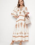 elsa.m by may Rochie Bej Boho cu Vâscoză cu Model Etnic cu Elastic Lat în Talie Efanielis