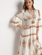 elsa.m by may Rochie Bej Boho cu Vâscoză cu Model Etnic cu Elastic Lat în Talie Efanielis