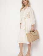 elsa.m by may Rochie bej de bumbac Boho cu broderie și curea legată Gonisea