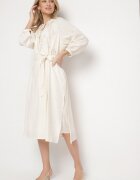 elsa.m by may Rochie bej de bumbac Boho cu broderie și curea legată Gonisea