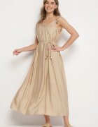 elsa.m by may Rochie Bej din Viscoză cu Bretele Legate cu Curea Împletită Mirazelia
