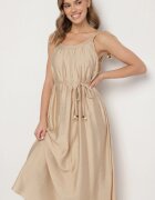 elsa.m by may Rochie Bej din Viscoză cu Bretele Legate cu Curea Împletită Mirazelia