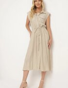 elsa.m by may Rochie bej din viscoză cu croială tip cămașă cu cordon în talie Mareviana