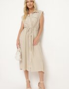elsa.m by may Rochie bej din viscoză cu croială tip cămașă cu cordon în talie Mareviana