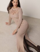 elsa.m by may Rochie Bej Reiată Maxi cu Model Ajurat și Decupaj Zanelia