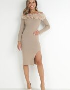 elsa.m by may Rochie Bej Tricotată cu Pene Preta