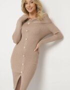 elsa.m by may Rochie bej tricotată de cocktail cu viscoză cu nasturi decorativi și fantă pentru degetul mare Faledi