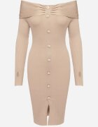 elsa.m by may Rochie bej tricotată de cocktail cu viscoză cu nasturi decorativi și fantă pentru degetul mare Faledi