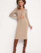 elsa.m by may Rochie Bej Tricotată Midi cu Decupaj și Legătură Filila