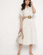 elsa.m by may Rochie cămașă Bej din in și viscoză cu curea elastică cu cataramă Elanithea