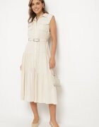 elsa.m by may Rochie cămașă Bej din Viscoză cu Bumbac Ornată cu Cordon Rivebia