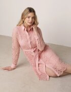elsa.m by may Rochie Cloș Cămăișă Roz Midi cu curea și dantelă decorativă și nasturi Casuva