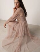 elsa.m by may Rochie din tul midi bej cu benzi dantelate și mâneci lungi Kabienne