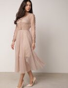 elsa.m by may Rochie din tul midi bej cu benzi dantelate și mâneci lungi Kabienne