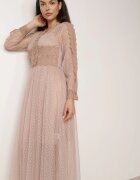 elsa.m by may Rochie din tul midi bej cu benzi dantelate și mâneci lungi Kabienne