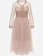 elsa.m by may Rochie din tul midi bej cu benzi dantelate și mâneci lungi Kabienne