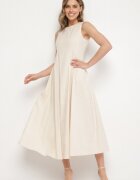 elsa.m by may Rochie evazată bej deschis din bumbac și viscoză cu șliț pe picior Devirael