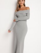 elsa.m by may Rochie Evazată Gri din Viscoză și cu Umeri Descoperiți Siannela