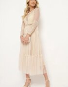 elsa.m by may Rochie Maxi Bej închis cu croială evazată cu dantelă decorativă și tul Steilla