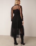 elsa.m by may Rochie Midi Neagră de tul cu panglici din dantelă și mâneci lungi de cabină