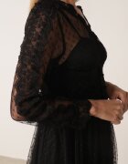 elsa.m by may Rochie Midi Neagră de tul cu panglici din dantelă și mâneci lungi de cabină