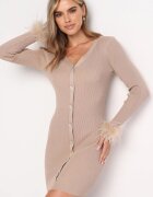 elsa.m by may Rochie Mini Mulată Bej din Viscoză Decorată cu nasturi și pene Moushirel