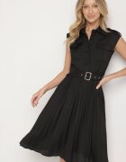 elsa.m by may Rochie neagră din vâscoză cloș cu top tip cămașă și pliuri cu curea Eviravie