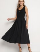 elsa.m by may Rochie Neagră din Viscoză cu Croi Evazat cu Aplicație Decorativă Ronestra