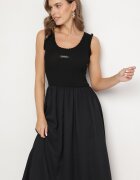 elsa.m by may Rochie Neagră din Viscoză cu Croi Evazat cu Aplicație Decorativă Ronestra