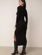 elsa.m by may Rochie Neagră Maxi Rebrată cu Vâscoză Decorată cu Nasturi și Șlit Pollare