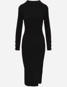 elsa.m by may Rochie Neagră Maxi Rebrată cu Vâscoză Decorată cu Nasturi și Șlit Pollare