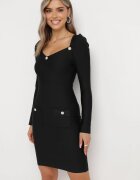 elsa.m by may Rochie Neagră Mulată cu Perle și Mânecă Lungă Juhisa