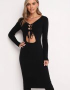 elsa.m by may Rochie Neagră Tricotată Midi cu Decupaj și Legată Filila
