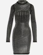 elsa.m by may Rochie Negru-Argintiu Mini cu Semi-guler Decorată cu Zirconii Rosinne