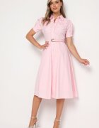 elsa.m by may Rochie Roz cu Dantelă și Curea Decorativă și Guler Gavridia