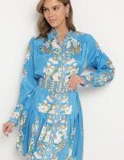 elsa.m by may Rochie Tip Cămașă Albastră cu Imprimeu Floral Mâneci Bufante și Curea Aladira