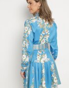 elsa.m by may Rochie Tip Cămașă Albastră cu Imprimeu Floral Mâneci Bufante și Curea Aladira