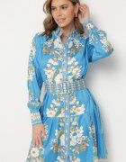 elsa.m by may Rochie Tip Cămașă Albastră cu Imprimeu Floral Mâneci Bufante și Curea Aladira