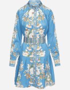 elsa.m by may Rochie Tip Cămașă Albastră cu Imprimeu Floral Mâneci Bufante și Curea Aladira
