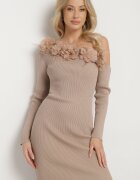 elsa.m by may Rochie tip pulover Bej cu Viscoză cu Croială Asimetrică cu Flori 3D și Pene Nellyra