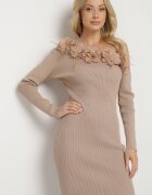 elsa.m by may Rochie tip pulover Bej cu Viscoză cu Croială Asimetrică cu Flori 3D și Pene Nellyra