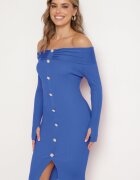 elsa.m by may Rochie Tricotată Albastră De Cocktail cu Viscoză nasturi decorativi și decupaj pentru degetul mare Faledi