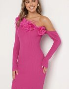 elsa.m by may Rochie tricotată Fucsia cu Vâscoză cu croi asimetric cu flori 3D și pene Nellyra