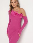 elsa.m by may Rochie tricotată Fucsia cu Vâscoză cu croi asimetric cu flori 3D și pene Nellyra