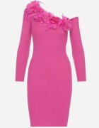 elsa.m by may Rochie tricotată Fucsia cu Vâscoză cu croi asimetric cu flori 3D și pene Nellyra