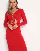 elsa.m by may Rochie Tricotată Roșie Midi cu Decupaj și Legătură Filila