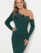 elsa.m by may Rochie Tricotată Verde cu Viscoză cu Croi Asimetric cu Flori 3D și Pene Nellyra