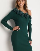 elsa.m by may Rochie Tricotată Verde cu Viscoză cu Croi Asimetric cu Flori 3D și Pene Nellyra